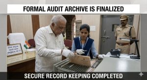 Official and staff archiving audited records in a secure filing facility.