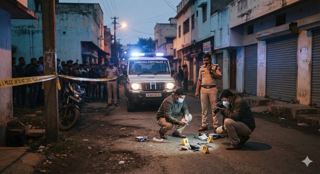 Karnataka Police officers documenting a crime scene and collecting physical evidence at night.