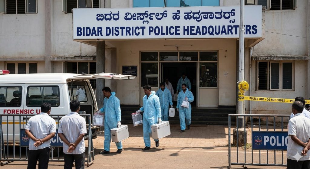 Forensic team members carrying evidence cases out of the Bidar District Police Headquarters.