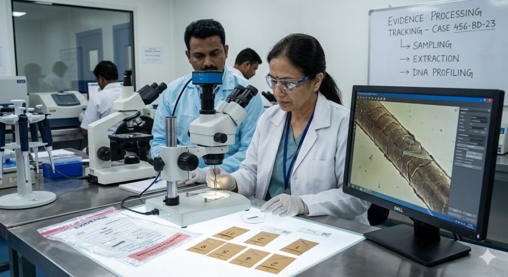 Laboratory scientists analyzing microscopic fiber and hair evidence for a criminal case.