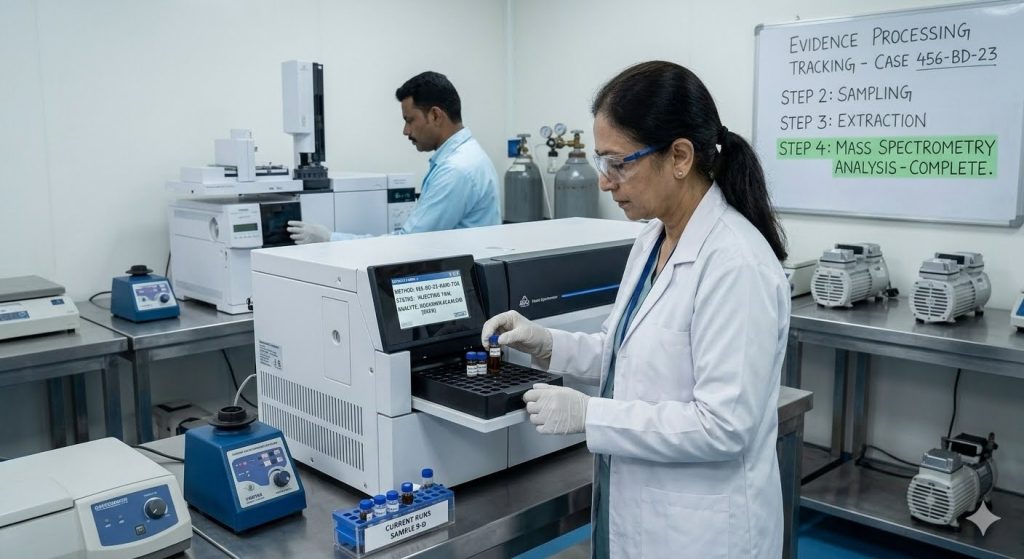 Forensic specialist conducting mass spectrometry analysis on chemical samples in a laboratory.