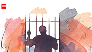 Illustration of a prisoner standing behind bars.