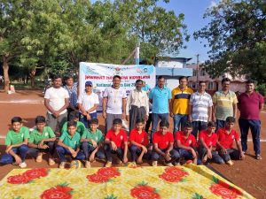 Group photo of students and instructors celebrating National Sports Day at Jawahar Navodaya Vidyalaya, Bidar.